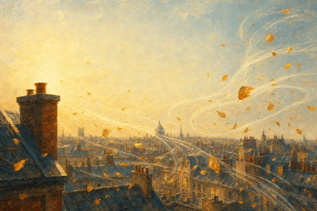 Der Wind kommt mit goldenen Blättern über die Dächer der Stadt