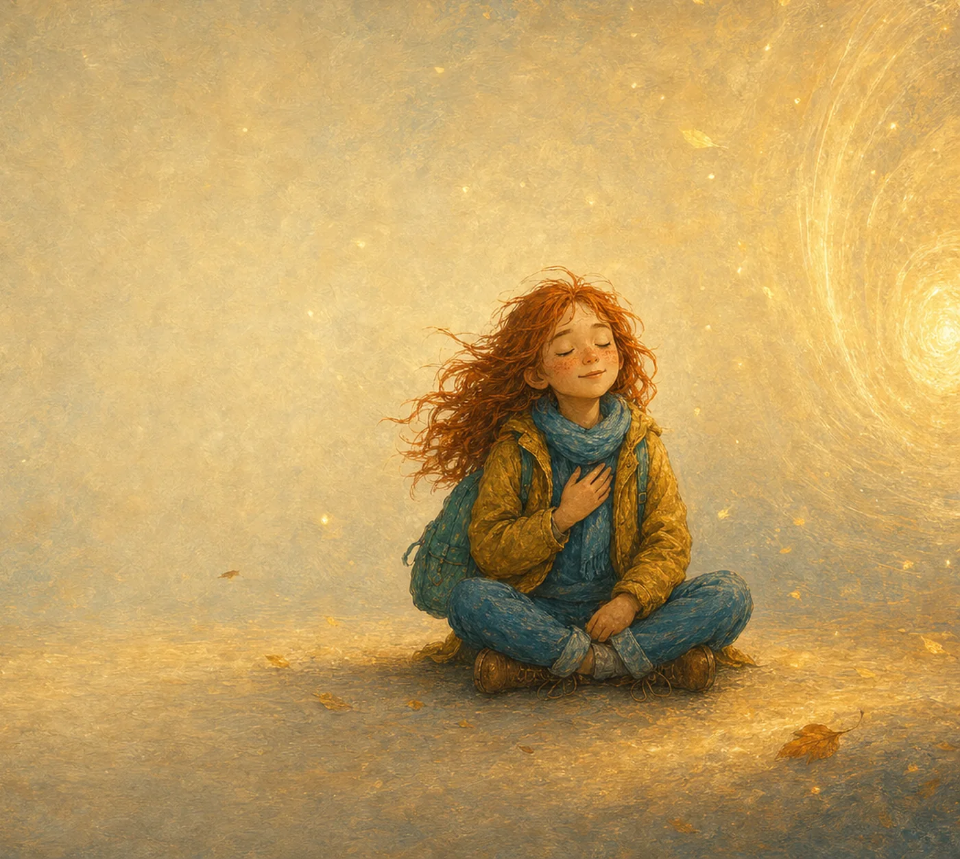 Mila sitzt still in einem goldenen Windwirbel, die Hand auf dem Herzen